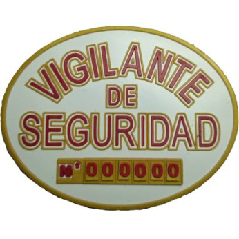 EMBLEMA TIPO CHAPA EN PVC PARA VIGILANTE DE SEGURIDAD, Nº ROJO, CHAPA DORADA Y PECHO EN VELCRO